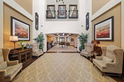 Interior view of a spacious common area with seating