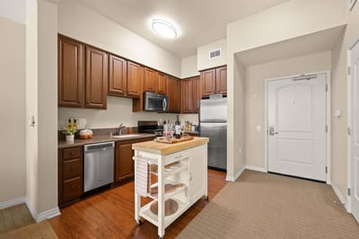 Modern kitchen area in a senior living unit