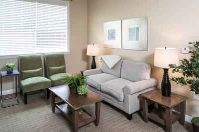 Comfortable seating area in a senior living facility room