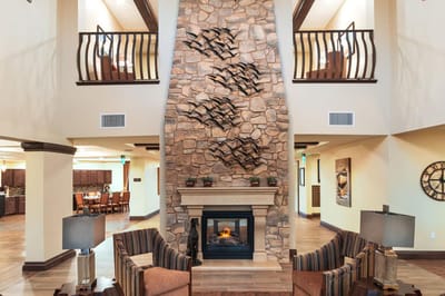 Interior view of a common area with a fireplace
