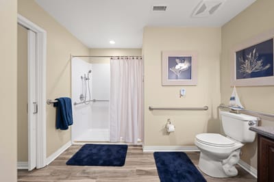 A bathroom in a senior living facility with safety features