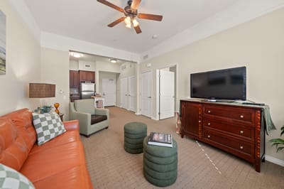 Bright common area with living room furniture