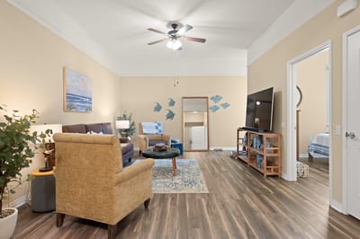 Bright interior living space with furniture and decor