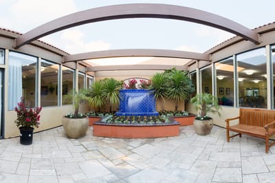 Outdoor patio area with a fountain and plants