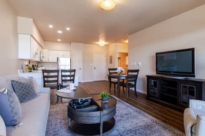 Comfortable interior living space with furniture and appliances