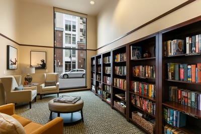Cozy interior reading area with bookshelves