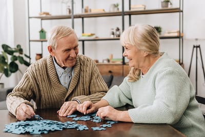 Two seniors enjoying puzzle activities indoors.
