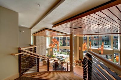 A bright interior view of a common area.