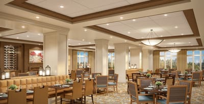 Elegant dining room with tables and chairs