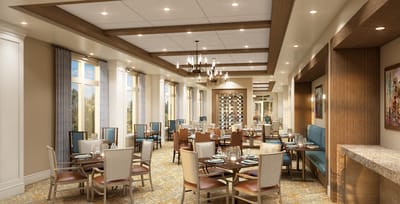 Elegant dining area with tables and chairs