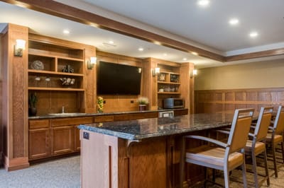 Interior view of a common area with bar seating