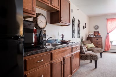Interior view of a kitchenette in a resident's suite