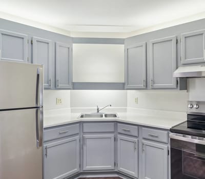 A modern kitchen with gray cabinets and stainless steel appliances