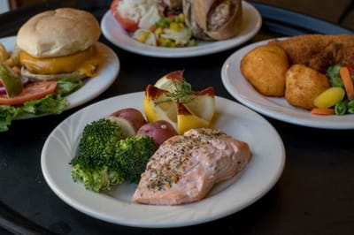 Plated meal featuring salmon, vegetables, and sides