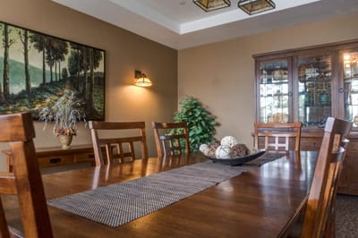 Interior dining room with wooden tables and decor