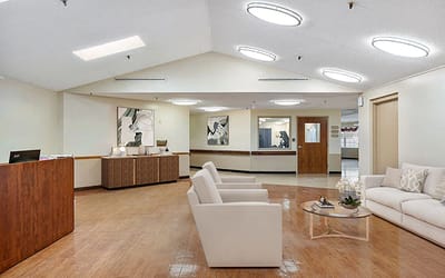 Bright interior of a common area with seating
