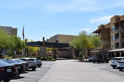 Exterior view of the Sagewood facility entrance and parking area