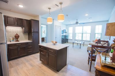 Bright interior of a residential suite with kitchen
