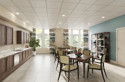 Bright dining area with tables and chairs