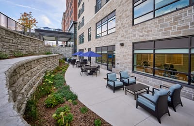 Outdoor seating area with plants and umbrellas