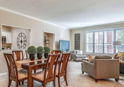 Bright and spacious living area in a senior living facility