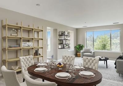 Bright dining room with a set table