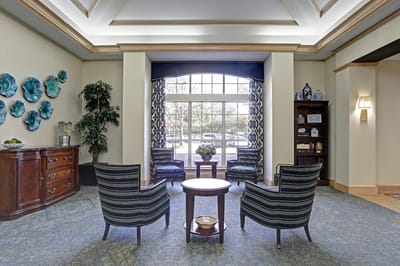 Bright and welcoming common area with seating