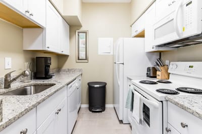 Modern kitchen interior with appliances and counter space