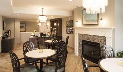 Bright common area with modern decor and seating