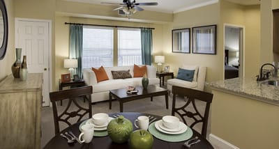 Bright living area in a senior living unit