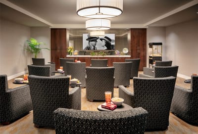 A cozy common area with seating and decor