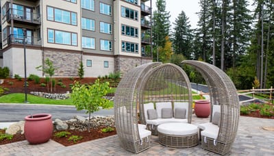 Stylish outdoor seating area near the building