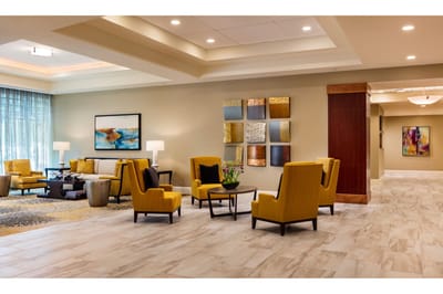 Bright and inviting lounge area with yellow chairs