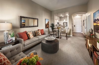 Interior view of a cozy living space with kitchen area