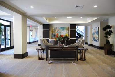 Interior lobby with seating and artwork