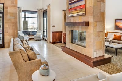 Bright interior of a common area with a fireplace