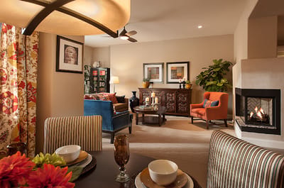 Interior view of a cozy common area with seating