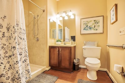 Brightly lit bathroom with shower and vanity