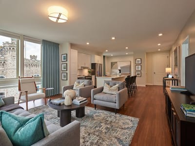 Bright interior of a modern common area with seating