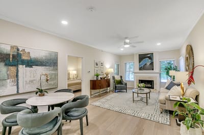 Bright interior common area with seating and decor