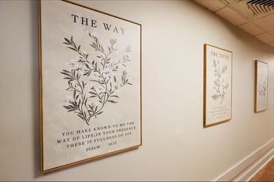 Decorative wall art in a common area hallway