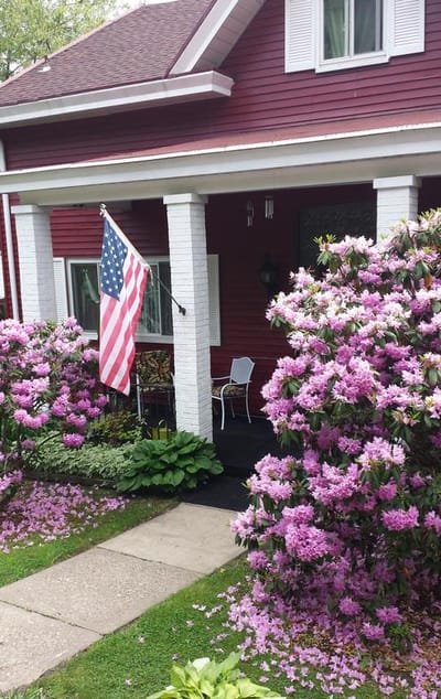 Charming entrance of a home with flowers and an American flag
