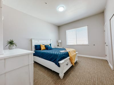 Cozy bedroom with a blue bedspread and decorative pillows