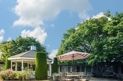 Outdoor seating area with gazebo and gardens