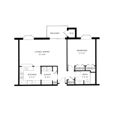 Architectural floor plan of a one-bedroom unit