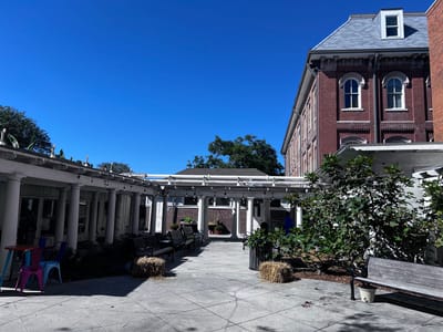 Outdoor courtyard with seating areas and plants