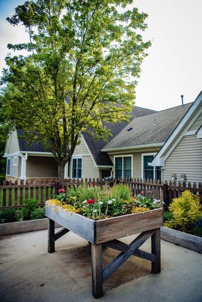 Raised garden bed with flowers outside a facility building