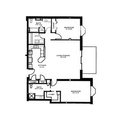 Architectural floor plan of a two-bedroom unit