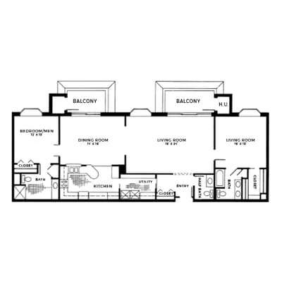 Architectural floor plan of a two-bedroom apartment