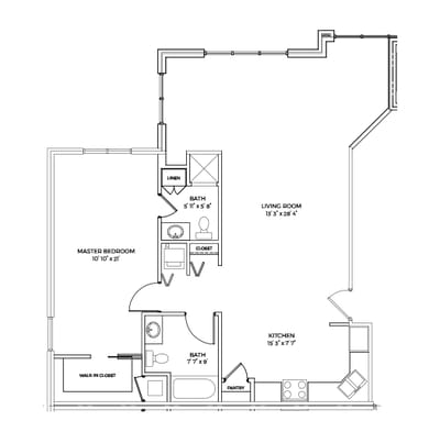 Architectural floor plan of a one-bedroom unit